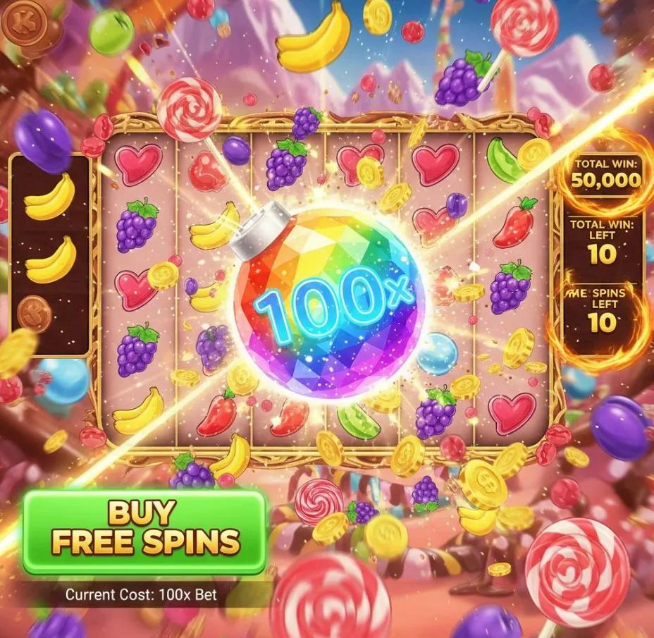 An action-packed image of Sweet Bonanza highlighting the Free Spins round with a large Multiplier Bomb and the "Buy Feature" button, symbolizing high-risk, high-reward gameplay.