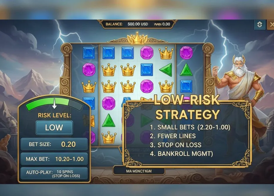 An image of the Gates of Olympus slot with elements suggesting caution and longevity, such as a small betting chip, a speedometer showing 'slow' or 'controlled,' and a clock or hourglass for extended playtime.