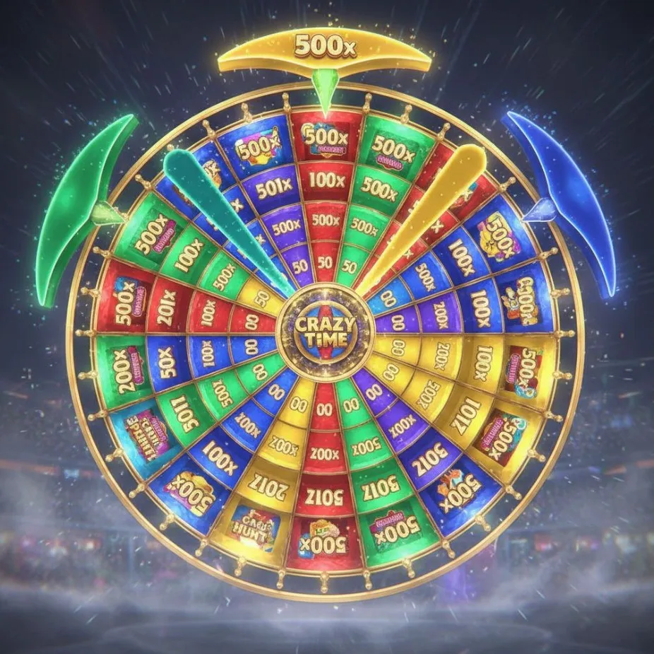 A dramatic view of the Pachinko bonus round in Crazy Time, with the puck dropping down a wall of pegs towards the high-value multiplier slots.