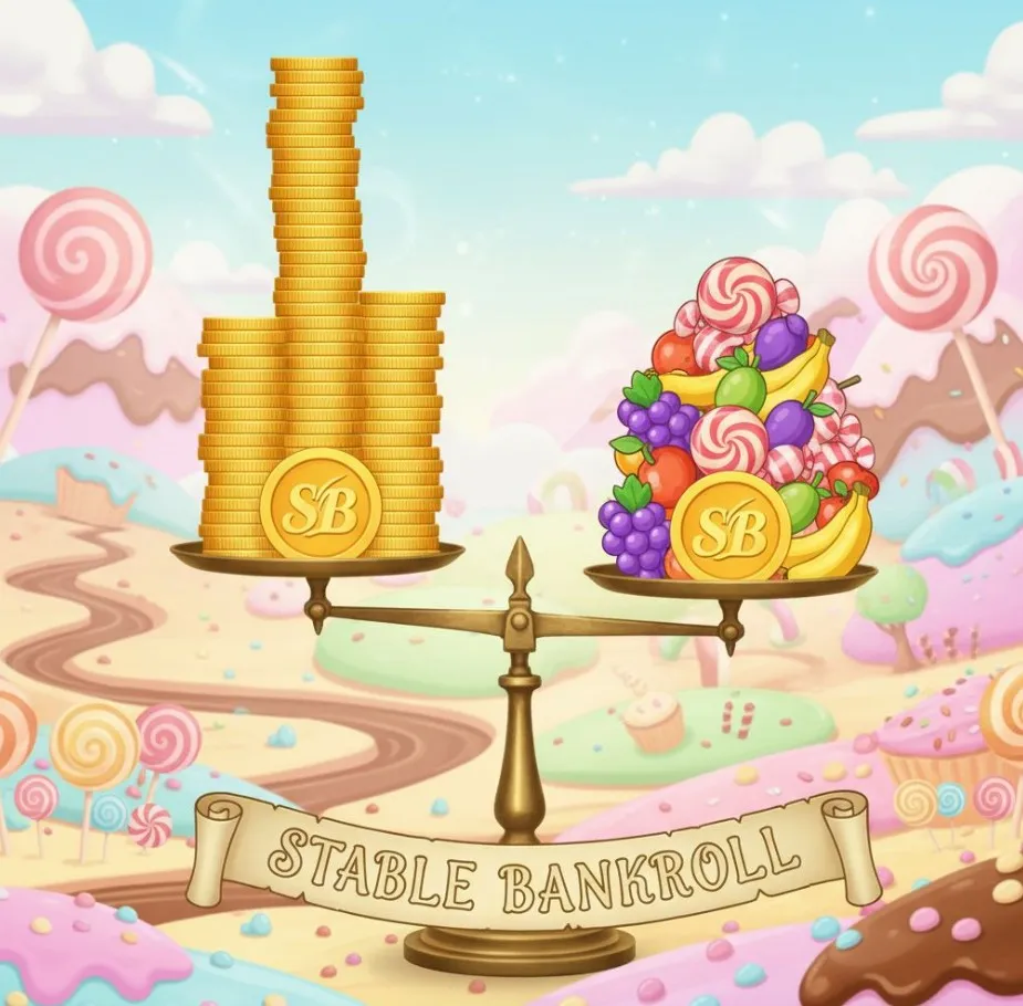 A visual representation of a stable bankroll for Sweet Bonanza, possibly with a stack of coins or a balanced scale, set against a calm, candy-themed background.