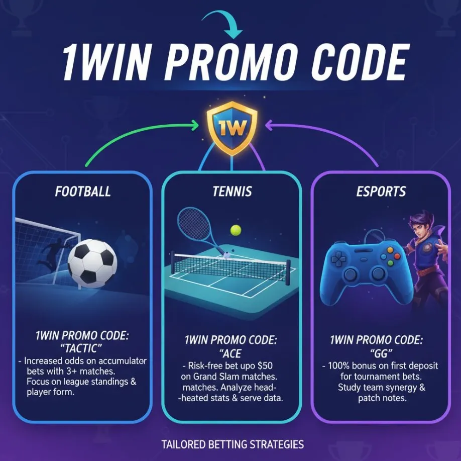 A multi-panel image or infographic showing a 1win promo code influencing betting strategies for football (soccer ball, goal), tennis (racket, court), and eSports (gaming controller, character), illustrating tailored application across different sports.