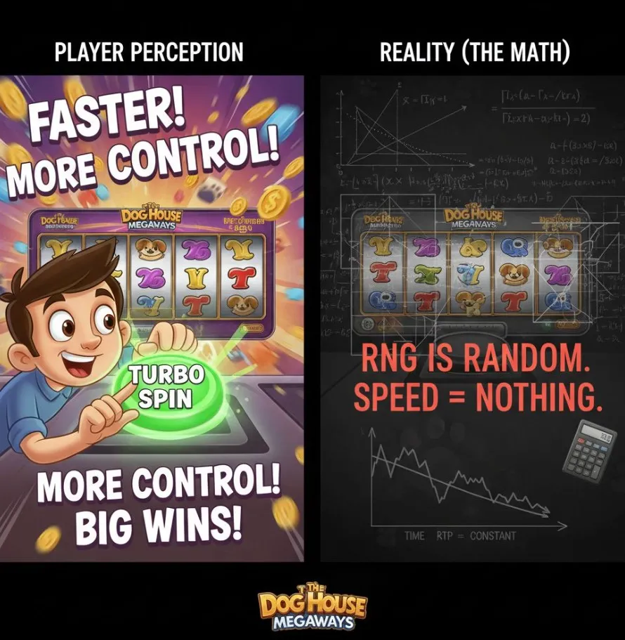 A split image or infographic for The Dog House Megaways, showing a player's thought bubble about "losing faster" or "hitting bonus more" on one side, and a technical diagram of an RNG or a chart showing constant probabilities on the other.