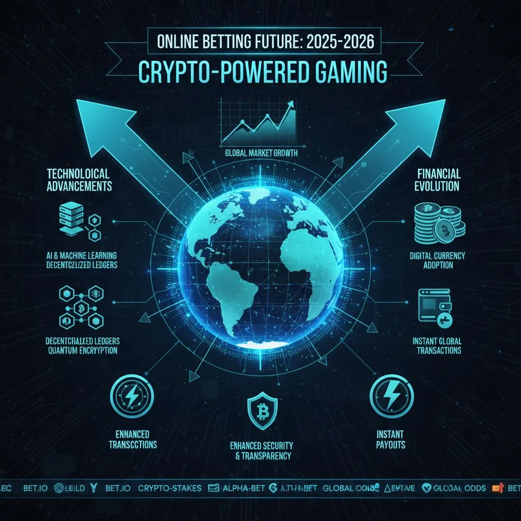 Graphic showing global technological and financial shifts driving the future of online betting with cryptocurrencies in 2025-26.